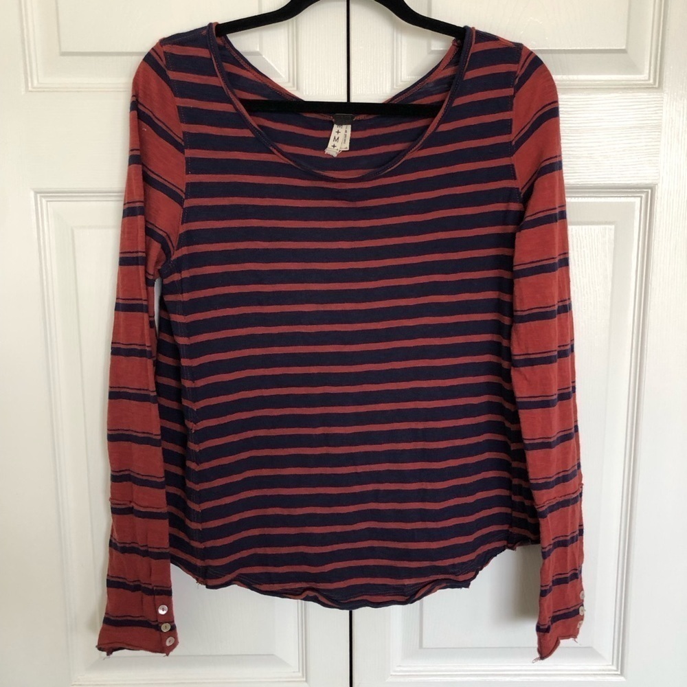 We the Free People Burgundy and Navy Long Sleeve Striped Long Sleeve Size M